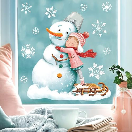 Fensterbild Weihnachten Winter Schneemann mit Mädchen und Schneeflocken Fensteraufkleber Weihnachtsdekoration Winterdekoration, 1.A4 Bogen