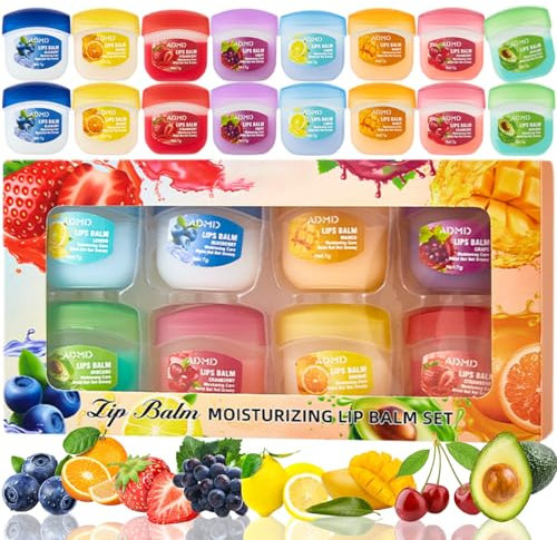 VEROA 16-teiliges Lippenbalsam-Set – 8 fruchtige Aromen, natürlicher Bio-Lippenbalsam, Multipack – tief feuchtigkeitsspendend, bester Lippenbalsam für rissige Lippen – Lippenreparatur, vegan, süßer