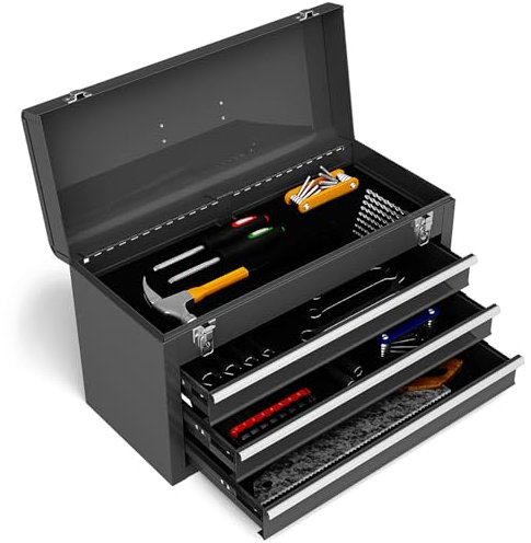 HOMFME 3 Drawer Tool Box, Lockable Tool Storage Box with Latch System, Top Layer, Bearing Slides, EVA Mats, Tool Chest Heavy-Duty Tool Storage Cabinet for Workshop Garage, 52x22x 31cm (Black)