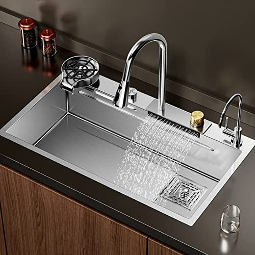 Évier Cascade Multifonction avec Affichage numérique, évier Cascade en Acier Inoxydable, Robinet extractible, Bassin à légumes, Lave-Vaisselle sous Tasse, Meuble de Luxe léger (72*)