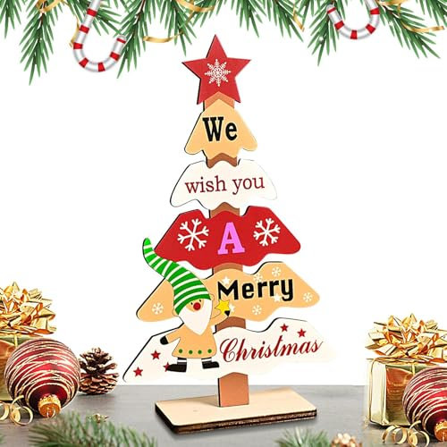 Árbol de Navidad de madera - Árbol de mesa de madera rústico con adornos, decoración navideña - pieza central | Exquisita decoración de mesa navideña, pequeño árbol de Navidad independiente para sala