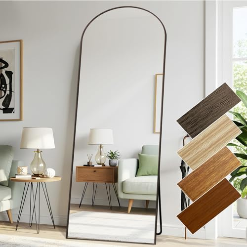 Bogen Ganzkörper Spiegel 76 x 180 cm Gewölbter Standspiegel Aluminiumrahmen klassischer Grau Holz Look an der Wand montiert lehnend Bodenspiegel als Ankleide spiegel für Wohnzimmer Flur Schlafzimmer