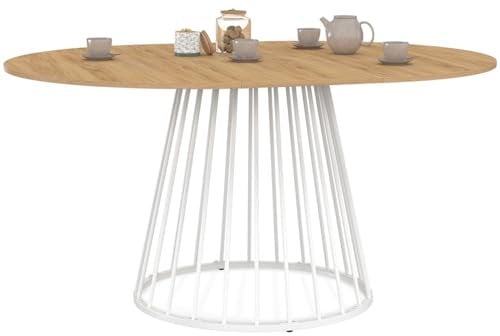 IDMarket - Yuna Esstisch, ausziehbar, rund, 4-8 Personen, Holzplatte und Metallfuß, weiß, 110 – 150 cm