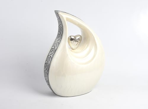 Aluminium Teardrop Urn ashes cremation funeral keepsake memorial Adult Capacity Handcrafted 12 Inch Secure Threaded Base Design (PearlWhite With Heart)