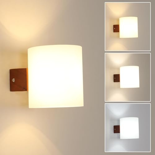 Mckalen Aplique de Pared E27, Vintage Madera Lámpara de Pared interior Con Bombilla E27, Marrón Luz de Pared con Pantalla de Vidrio para Dormitorio Escalera Sala de Estar Pasillo, 3000K/4500K/6500K