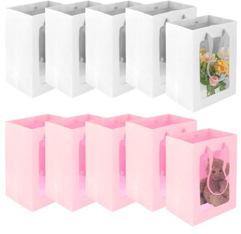 10 Pezzi Bianco e Rosa Sacchetti Regalo con Finestra Trasparente,15x10x20cm | Sacchetti di Carta con Finestra, Borsa Regalo Vetrina Trasparente con Manici per Confezioni Regalo, Feste e Celebrazioni