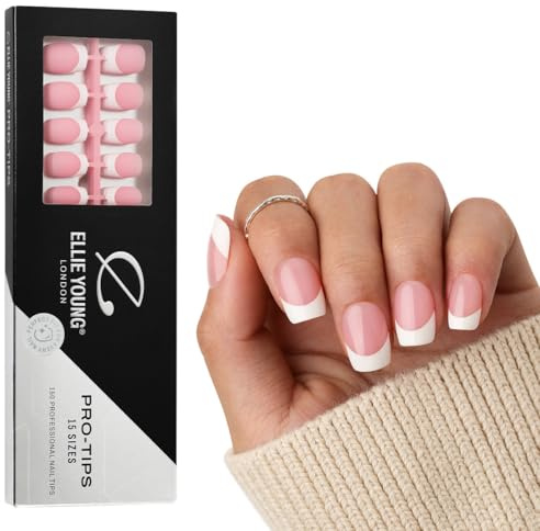 Ellie Young PROTIPS 150pcs French Nail Tip Pre-designed Press-On Nails, 15 Sizes, Soft Gel Nail Extensions for DIY Nail Art & Polish ((ONLY NAILS) Pink Short Square)