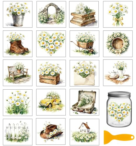 GLOBLELAND 18 Blatt Vintage Gänseblümchen Und Andere Zum Aufreiben 3.9x3.6Zoll Herz Gänseblümchen Aufkleber Für Zuhause Pflanzen Blumen Tassen Transferaufkleber Für Möbel Vasen Glas Kunsthandwerk