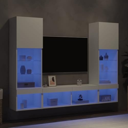 QJBSAVVA 5-TLG. Wohnwand Weiß mit RGB LED TV Lowboard Fernsehschrank 40,5x30x102 cm Holzwerkstoff platzsparend hängend für Wohnzimmer Büro