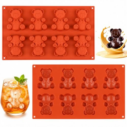 2 Stück Bär Silikon Backformen Tiere, 3D Bär Kuchenform mit 8 Mulden, Bären-Keksform für Schokolade, Antihaft Bär zum Backen für Kuchen, Eis, Pudding, Pralinen, Backform Kinder Bären, BPA-frei