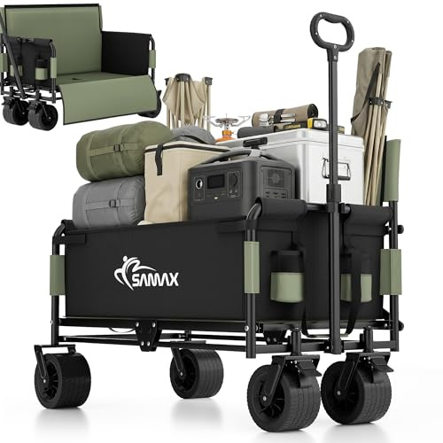 SAMAX Bollerwagen bis 200kg - 2in1 mit Bank - Faltbarer Handwagen Gartenwagen Strandwagen - Klappbar Offroad Transportwagen - Festival Edition in Matcha Grün