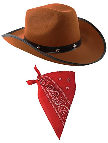 Adults Cowboy Accessory Set - Pack of 1 - Brown Star Studded Cowboy Hat and Red Paisley Bandana - Wild West Western Sheriff Fancy Dress Costume Accessory Set