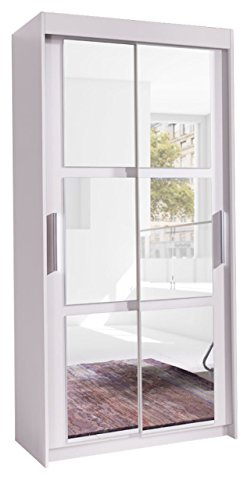 Kleiderschrank Karo 100, Elegantes Schlafzimmerschrank mit Spiegel, 100 x 216 x 60 cm, Modernes Schwebetürenschrank, Schiebetür, Schlafzimmer (Weiß/Spiegel)
