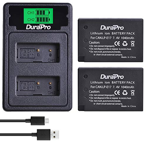 DuraPro 2X LP-E17 1040 mAh + Double Chargeur USB intégré avec Port de Type C pour Canon EOS M3, M5, M6, Rebel SL2, T6i, T6s, T7i, EOS 200D 250D 750D, 760D, 800D, 8000D, RP Cameras