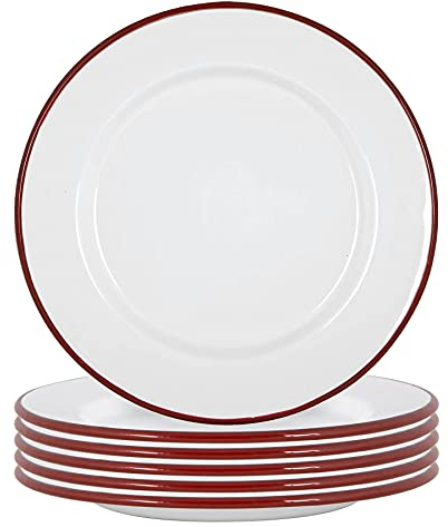 Argon Tableware Platos de cena de esmalte blanco - Metal platos de comida para acampar al aire libre - 25,5 cm - Rojo - Paquete de 12