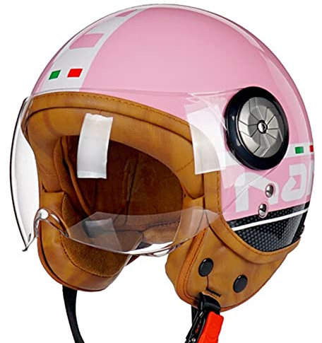 Jethelm Mit Visier,Erwachsener Vintage Motorradhelm DOT Approved Retro 3/4 Helm Halbhelm Für Männer Frauen,Halbgesicht Motorradhelm Street Bike Racing Helm,Pink nano,M