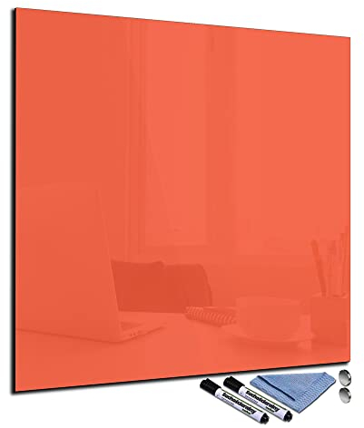 Glas-Magnettafel 80x80 cm Whiteboard Wand Beschreibbar Quadratisch Magnetisch Küche Office Büro mit Zubehör Wochenplaner Abwischbar Deko Memoboard Tafel Orange