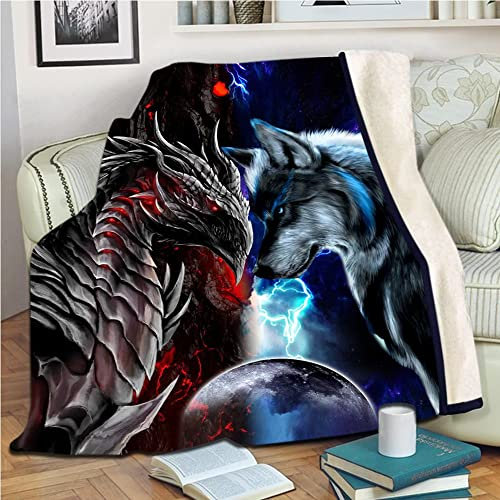 VOZMIO Wolf und Drache Hochwertige Warme Weiche Flanell Plüsch Auf Der Schlafsofa Decke Geeignet Für Klimaanlage Decke Nap Decke (150x200cm (60x80in))