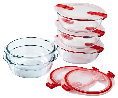 Pyrex Cook & Heat - Lot de 5 Boites Formes Identiques - Verre Borosilicate - Idéal Batchcooking - Couvercle Hérmétique spécial Micro-Onde - Made in France (Rond)