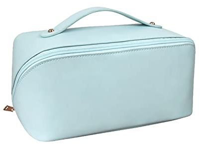 CORIOS Große Kapazität Kosmetiktasche Wasserdicht Kulturtasche Leder Schminktasche Multifunktions Kulturbeutel Tragbare Make-up-Tasche für Damenkosmetik Accessoires und Toilettenartikel Blau