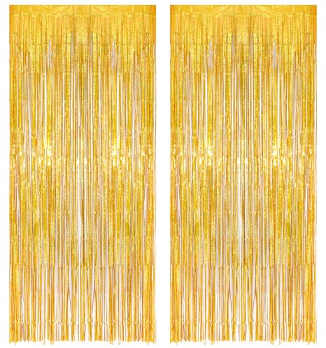 2 Lametta Vorhänge 1m x 2m Glitzer Folien Fransen Lametta Vorhänge Metallic Tinsel Vorhange Hintergrund Fringe für Party Deko Geburtstage Halloween Festivals Party Bühnendekor (Golden)