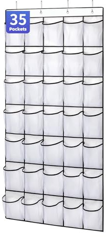ANSTROUT 35 Pockets Over the Door Shoe Organizer, Hanging Shoe Organizer for Door with 35 Mesh Pockets Large Capacity Shoe Hanging Storage Bag with 4 Metal Hooks (White-1Pack)