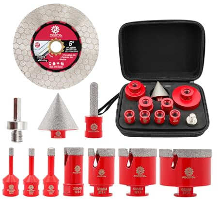 FOCSTOL Foret Diamant Carrelage Kit - 11 pièces (6/6/8/25/35/50/68mm+10mm Fraise+50mm Mèches Chanfrein Biseautées+Adaptateur+125mm Disque) Scie Cloche Diamantée pour Porcelaine Carrelage Marbre Granit