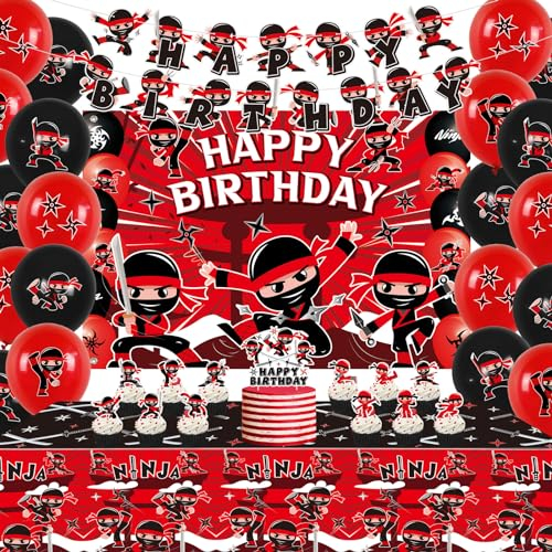Ninja Geburtstag Party Dekoration - umfassen alles Gute zum Geburtstag Banner, Kulisse, Tischdecke und Luftballons, Ninja Warrior Master Party Supplies für Jungen Mädchen Baby Dusche Karate Party