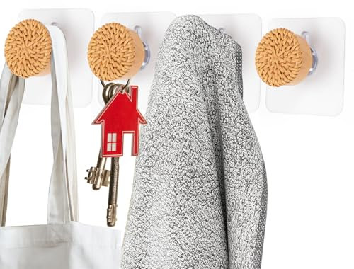 Vinuwu Stick On Wooden Hooks 4 Pcs, Rattan Weaving Sticky Wall Hooks, Door Coat Hooks for Hanging, Self Adhesive Hooks Heavy Duty, Bedroom Decor Accessories, Home Essentials
