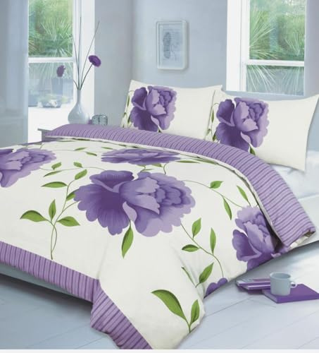 Bluemoon Bedding Rosaleen Duvet Cover Set Floral Reversible Bedding Set With Pillowcase (Lilac, Double)