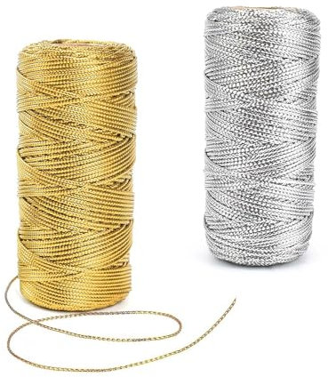 CHSEROK 2 Pezzi Filo D'oro Spago 1,5 mm x 100 m per Rotolo Fili per Braccialetti non Elastico, Dorato Spago e Argento Cordino per Borse Uncinetto, per Corda Fai da Te, Gioielli, Confezione Regalo
