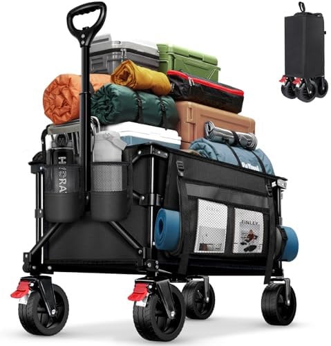 BELEEV Bollerwagen Faltbar mit Bremsen, Handwagen Faltbarer Groß XXL All Terrain Räder, Seitentasche, Getränkehalter, 100KG 130L Wagon Klappbar Kinder Strandwagen, Gartenkarre, Einkaufswagen, Camping