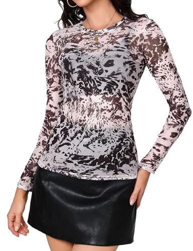 Aottori Women Mesh Long Sleeve Top Crew Neck See Through T Shirts Ladies Slim Fit Floral Sexy Sheer Base Layer Tops for Casual Party Clubwear Animal Print L