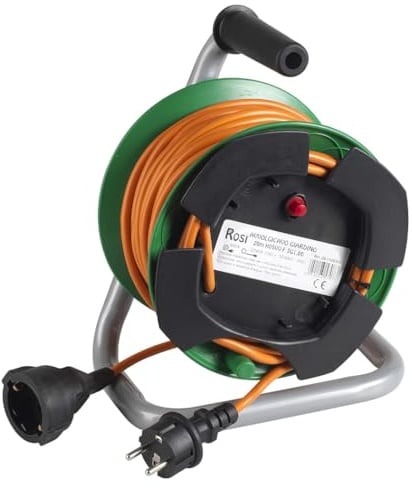 Avvolgicavo con cavo 50 metri, spina grande 16A 220V 230V, 4 prese bipasso/bivalente schuko, potenza massima 3500W, Made in Italy, con dispositivo di protezione, supporto metallico, serie Garden