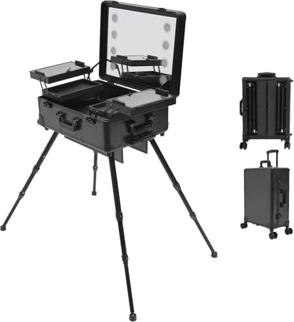Levkitch Kosmetikkoffer Trolley Kosmetikspiegel mit Licht | Schminkkoffer mit Rollen,Make-up Koffer mit Faltbarem Einstellbare Höhe Ständer