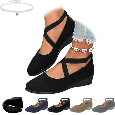Zapatos cómodos de cuña con correa entrecruzada elástica para mujer, zapatos de vestir de cuña de ballet de punta redonda elegantes de gamuza con tacón bajo de cuña casuales para el trabajo