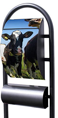 Banjado® Stand Briefkasten in Hammerschlag-Optik in Größe 150x47x22cm mit Motiv Kühe - Briefkasten mit Standfuß/Postkasten freistehend als Standbriefkasten mit Zeitungsfach