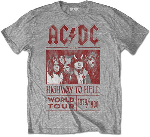 ACDC Men's AC/DC Highway to Hell World Tour 1979/1980 with Back Printing T-Shirt, Grey (Grey Grey), Medium (Manufacturer Size:Medium)