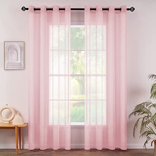 MIULEE 2er Set Sheer Voile Vorhang mit Ösen Transparente Gardine aus Voile Polyester Ösenschal Transparent Wohnzimmer Luftig Dekoschal für Schlafzimmer 140 X 225 cm (B x H), Grommet Top Rosa