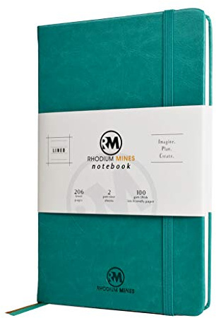 Rhodium Mines A5 Notebook, Lined, (20.8cm x 13.1cm), Hardback | Premium 100gsm Thick Ivory Paper, Classic Ruled Writing Journal, Hardcover, PU Leather, (TURQUOISE)