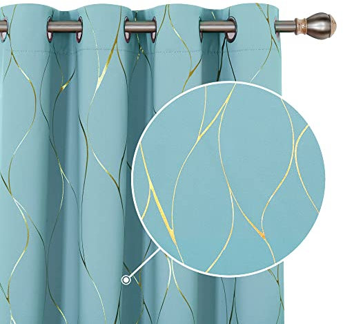 Deconovo Blackout Eyelet Curtains, Thermal Insulated Gold Wave Foil Printed Room Darkening Curtains for Livingroom, 46 x72 Inch (Width x Length), Sky Blue, One Pair