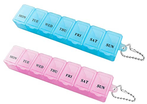 2 Pcs Pill Box, 7 Day 1 Time a Day Pill Dispenser Storage Case Portable Medicine Storage Box Travel Pill Boxes Tablet Box (Blue, Pink)