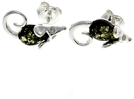 Genuine Natural Baltic Amber and 925 Sterling Silver Tiny Mice Studs Earrings GL188