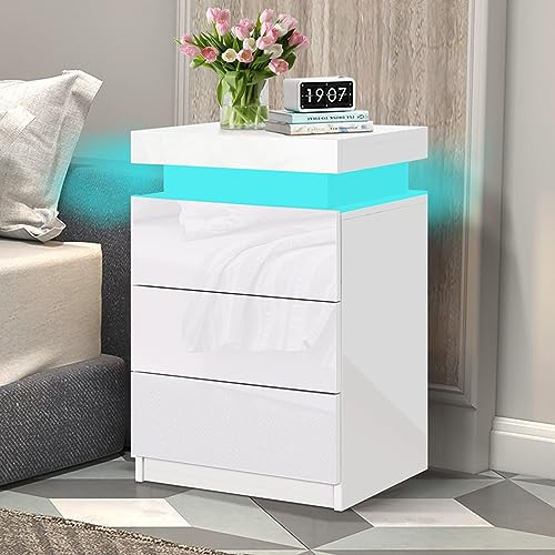 ELFORDSON Bedside Table with 3 Drawers, 4 Sides High Gloss LED Bedside Cabinet with 16 Colours, Side Cabinet Nightstand Bedroom Living Room Furniture, Black