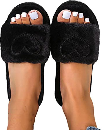 Femmes Fluffy Sliders Pantoufles À Bout Ouvert Couleur Unie Coeur En Peluche Curseurs Doux Fuzzy Chaud Confortable Pantoufles D'intérieur Avec Support De Voûte