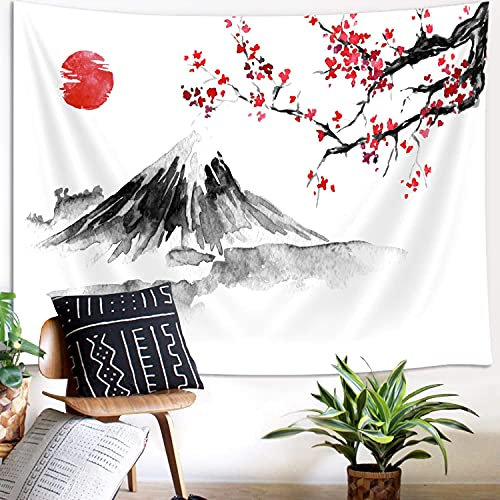 YISUMEI Fuji Dekorativer japanischer Wandteppich für Schlafzimmer, Aesthetic Rote Sonne Wandbehang für Raumdekoration (M/130 x 150 cm)