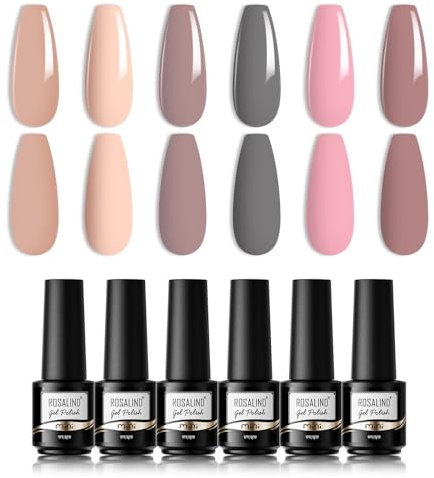 ROSALIND Vernis Semi Permanent Nude Rose Gris Vernis à Ongles pour UV LED, Nail Art Kit Vernis Semi Permanent Pastel Soak Off Gel Nail Polish French Manucure Set 6Pcs
