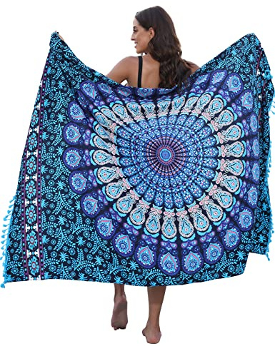 CMTOP Damen Sarong Strand Wrap Vertuschung Chiffon Badeanzug Bikini Cover up Wickelröcke Sexy Pareos Strandkleider mit Quasten zum Tragen über Badeanzügen(rund Pfauenblau,Einheitsgröße)