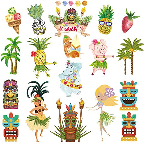 KINBOM 8 sheets Temporary Tattoos Stickers, Temporary Tattoo Kids Hawaiian Luau Birthday Party Decorations Hawaiian Tattoos Summer Pool Beach Tropic Party Supplies for Kids Boys Girls Adults