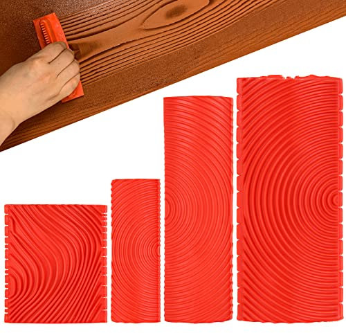 SENENQU Lot de 4 Peinture Effet Bois Outil de Grain de Bois en Caoutchouc, 4 Modèles Outil de Peinture Grain Bois, DIY Rouleau Grain de Bois de Peinture Imitation pour Décoration Murale Meubles